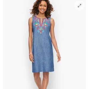 Talbots Chambray Shift Dress with Embroidery Linen and Cotton blend EUC 2P